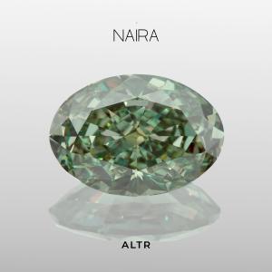 Naira, a 20.08-carat Fancy Vivid Green oval ALTR Created Diamond crafted using ALTR’s Precision Color Faceting (PCF) technology, showcasing exceptional color saturation, brilliance, and luxury diamond innovation. Naira green diamond, ALTR Created Diamond
