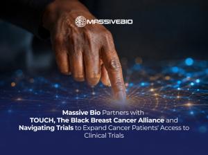 A hand reaching toward a glowing digital network, overlaid with the Massive Bio logo and the text: