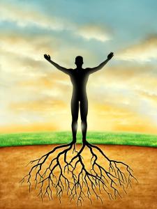 photo of a schematic man standing in front of a tree with long roots of the tree coming up into the man showing the man receiving nourishment from the earth