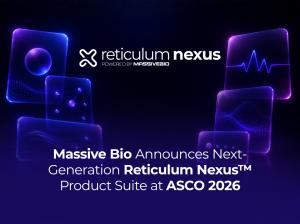 Promotional graphic with a dark navy background featuring glowing purple and blue UI cards. The Reticulum Nexus™ logo, powered by Massive Bio, is centered at the top. Bold white text reads: 