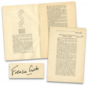 Limited edition first offprint of Nature (Vol. 171) from 1953, signed by DNA co-discoverer Francis Crick and other molecular biologists involved in mapping DNA, featuring a diagram of the double helix. Estimate: $25,000-$30,000
