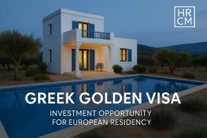 Greek countryside villa with pool at dusk, promoted by HRCM as a Greek Golden Visa real estate investment opportunity for non‑EU investors seeking European residency.  This explains what is visually there (villa, pool, dusk) and how it relates to your top