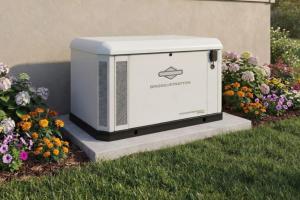 Briggs & Stratton PowerProtect+ Home Standby Generator next to a home with landscaping and grass