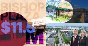 Aerial view of Bishop Plaza shopping center in Chicago's Back of the Yards neighborhood with the city skyline in the background, featuring Terri Cox, SVP of Sales, and James E. Matanky, CEO of Matanky Realty Group
