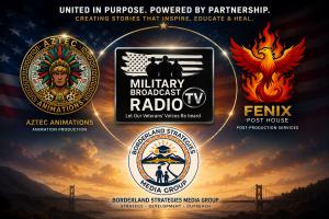 Logos of Borderland Strategies Media Group, Aztec Animations, and Fenix Post House, organizations collaborating with Military Broadcast Radio to create veteran-focused animated educational content.