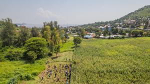 Image shows farmers working in a field in Kenya against the backdrop of a hillside, coastal town.