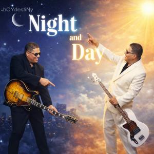 A picture of two men who appear to twins, one dressed in white the other dressed in black and both holding a guitar. The one in black is background with nighttime the one in white in daylight.