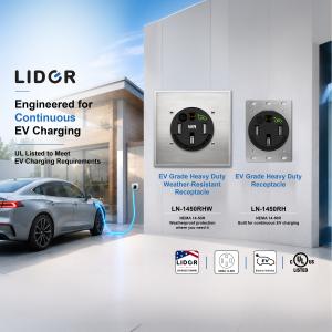 Lider Electric LN-1450RH and LN-1450RHW NEMA 14-50R receptacles shown with an EV charging at a modern home, highlighting UL certification with Electric Vehicle Marking for continuous EV charging.