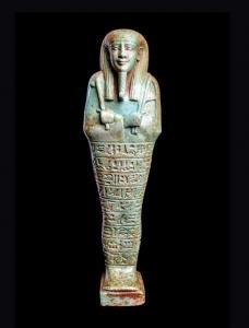 Blue-green glazed faience pottery ushabti made in Egypt during the reign of Psamtik III (born Meri-Neith), dating to the Late period at end of the 26th-27th dynasty, circa-520 BCE. Estimate: $30,000-$45,000