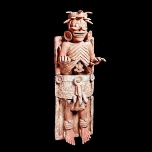 Monumental Aztec Empire three-piece natural buff-color pottery sculpture depicting the god Mictlantecuhtli, the Aztec god of death, circa 1000-1450 CE. Estimate: $29,000-$43,500