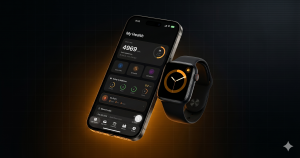 Hero composition of iPhone and Apple Watch displaying the MyTRT   testosterone replacement therapy tracking app with an amber biomarker   dashboard and a hematocrit complication, against a dark biohacker   laboratory background.