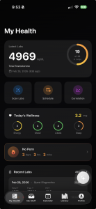   Screenshot of the MyTRT iOS app showing the My Health dashboard   with the latest total testosterone reading at 4,969 ng/dL, an   in-range circular indicator of 19 of 38 markers, and quick   actions for scan labs, schedule and correlation.