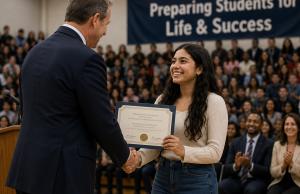 Young student accepting a scholarship certificate on stage in front of a large audience during a school recognition event.