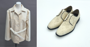 A cream-colored belted jacket and derby dress shoes, both made from HolonFabric™, Holon Bionics' OEKO-TEX® certified PU-free mycelium material, showcasing texture, and finishing quality across apparel and footwear.
