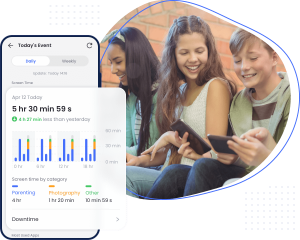 amily screen time dashboard showing children's app usage trends during summer