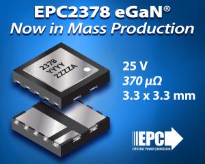 Efficient Power Conversion (EPC), a leader in enhancement-mode gallium nitride (eGaN®) power devices, today announced that its new EPC2378 25 V eGaN power transistor has entered mass production, enabling high-density power system designers to achieve higher efficiency, faster switching and greater power density in demanding DC-DC conversion applications