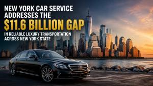 Crni Mercedes s neboderima New Yorka u pozadini