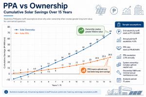 Line chart comparing Solar Ownership and Solar PPA cumulative savings over 15 years for a commercial solar project in the Philippines. Ownership starts lower due to upfront investment, overtakes PPA after several years, and reaches around ₱69 million by Y