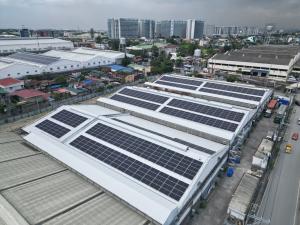 Aerial view of a Solaren Renewable Energy Solutions Corp. rooftop solar installation with aligned solar panels, clean cabling, and professional workmanship on a commercial project in the Philippines.