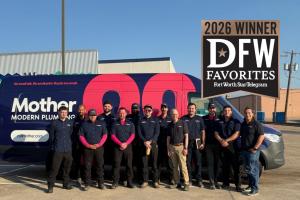 staff of mother modern plumbing stands with service van at dallas, tx office location, with 2026 dfw favorites award logo