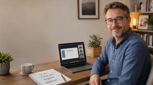 Neues Partnerstart-Angebot unterstützt kleine und mittlere Unternehmen dabei, erklärungsbedürftige Produkte und Dienstleistungen über strukturierte Webinare für KMU verständlich zu machen, Vertrauen aufzubauen und qualifizierte Anfragen zu gewinnen Unternehmer sitzt an einem Schreibtisch mit Laptop, Webinar-Präsentation und Notizen zu Thema, Zielgruppe, Angebot und Webinar. Das Bild zeigt die Vorbereitung eines professionellen Webinars für KMU.