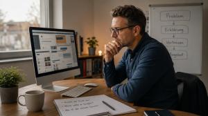 Unternehmer sitzt konzentriert am Schreibtisch vor einem Computer. Auf einem Whiteboard steht ein Webinar-Ablauf mit Problem, Erklärung, Vertrauen und Angebot. Auf dem Notizblock liegen Fragen zur Kundenerklärung und zum nächsten Schritt im Verkaufsprozes