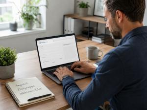 Unternehmer sitzt am Laptop und füllt ein Online-Formular zur Prüfung einer Webinar-Idee aus. Auf dem Notizblock stehen Angebot, Zielgruppe und Webinar-Idee als Vorbereitung für Webinare für KMU.