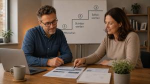 Zwei Personen besprechen an einem Schreibtisch verschiedene Webinar-Unterlagen. Im Hintergrund zeigt ein Whiteboard drei Stufen: Mitmachen, sichtbar werden und selbst starten. Das Bild visualisiert den Paketvergleich von GoWebinar Network für den Einstieg