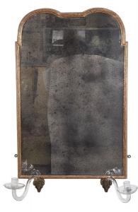 Circa-1710 Queen Anne giltwood girandole mirror of beveled, double-arched giltwood with glass S-scroll candle sconces and a period mirror plate, 35in x 21in. Estimate: $7,000-$9,000