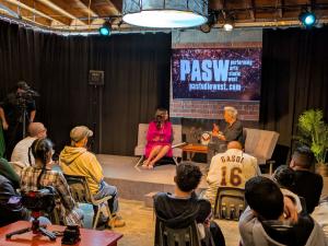 Angela Sadler Williamson interviews John Paizis of Performing Arts Studio West in Inglewood, California, for “Everybody with Angela Williamson.” The “Mother Goose Reanimated” episode is a finalist for the 68th Southern California Journalism Awards.