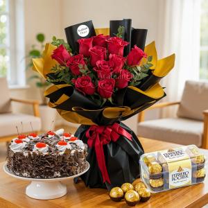 ed rose bouquet with black forest cake and chocolates for a Father's Day gift bundle