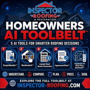 Inspector Roofing and Restoration, an Alpharetta-based roofing company serving North Fulton and North Atlanta homeowners, has announced the launch of the Homeowners AI Toolbelt™, a first-of-its-kind AI-powered roofing clarity system built to help local homeowners better understand roof inspections, estimates, roof color choices, quote starting points, and roofing agreement steps Inspector Roofing Homeowners AI Toolbelt with five AI-powered roofing tools for homeowner clarity