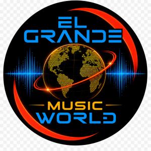 El Grande Music World logo featuring a golden globe surrounded by a red orbit with audio wave elements on a dark background.