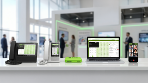 E-MetroTel's unified communications portfolio displayed in a modern exhibition setting, featuring Infinity 7000 Series Smart Desk Phones, the Galaxy Mini communications appliance, desktop collaboration software on a laptop, and a mobile communications app