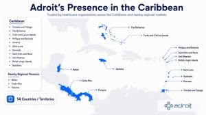 Map-style graphic showing Adroit Infosystems’ presence across Caribbean and nearby regional healthcare markets, including Trinidad and Tobago, The Bahamas, Jamaica, Barbados, British Virgin Islands, Costa Rica, and Panama.