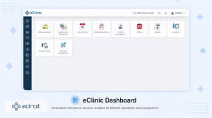 Screenshot of Adroit eClinic Systems showing integrated clinic management workflows for patient registration, scheduling, EHR/EMR, billing, reporting, and outpatient operations.