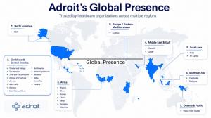 Map-style graphic showing Adroit Infosystems’ global healthcare software presence across multiple regions and countries, supporting hospitals, clinics, diagnostic centers, and medical practices.