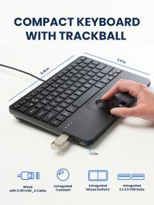 Perixx PERIBOARD-427 compact trackball keyboard featuring integrated cursor control, dedicated mouse buttons, dual USB hub ports, and a space-saving design for server rooms and KVM workstations