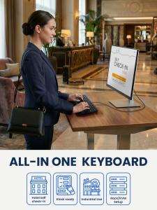A user operates a self check-in terminal using the PERIBOARD-427 all-in-one keyboard with integrated trackball in a hotel lobby. The image highlights applications including hotel self check-in, kiosks, industrial systems, and rack/KVM setups.