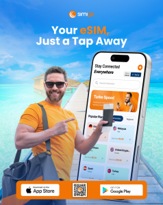 Traveler using the Simigo eSIM dashboard to manage international mobile data and travel connectivity services.