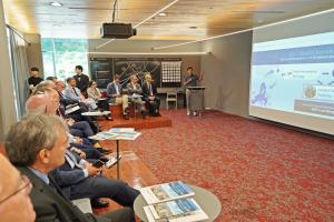 Raoul Moroder, Marketing Manager of Jably, explains the platform in front of the delegation of European Union (EU) ambassadors to South Korea