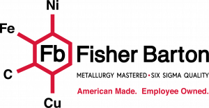 Fisher Barton Corporate Logo red and black corporate logo- a crystaline structure surrounded by the elements of Ni- Nickel, Fe- Iron, C -Carbon, CU - Copper that Fisher Barton primarily works with