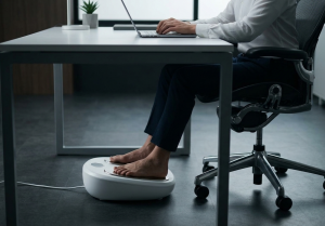 TerraTech Seated Treadmill under-desk wellness device being used by a professional working on a laptop.