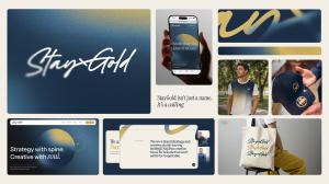 A multi-platform brand asset collage for StayGold, featuring an expressive white script logo against textured navy and gold gradients. It includes smartphone and web design mockups highlighting the copy