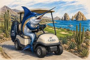 Marlin driving a golf cart on a Cabo golf course with ocean views, representing Cabo golf and fishing vacations in Cabo San Lucas