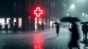 Wetterfeste Lichtwerbung mit rotem Apothekenkreuz bei Regen und Nebel als Beispiel für Sichtbarkeit, Standortwirkung und zuverlässige Außenwerbung.