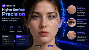 June 12, 2026 — Neural4D has updated the core texture generation engine in Neural4D Studio A comparison showcasing Neural4D's upgraded AI texture generation engine with enhanced micro-details and sharper surface precision on a human face mesh.