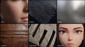 A grid of six texture types generated by Neural4D demonstrating precision on skin, fabric, metal, leather, engraved patterns, and stylised anime characters.