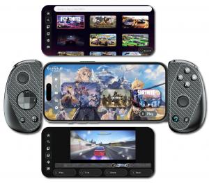 Serafim S3とスマートフォンの組み合わせを中心に、Serafim Consoleアプリのゲーム検索画面やプレイ動画の録画・編集機能を紹介するイメージ。ゲームの起動、動画編集、SNS共有などの機能が視覚的に表現されている。