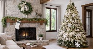 Luxury holiday living room with custom flocked Christmas tree, stone fireplace, garland, and mountain views — Enchanted Winter collection by Durango Holiday Home, Durango, Colorado.